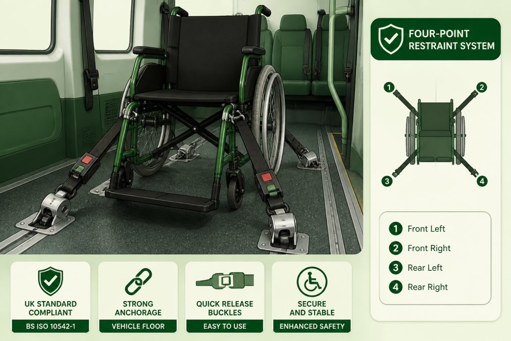 Professional illustration showing wheelchair accessible minibus safety
