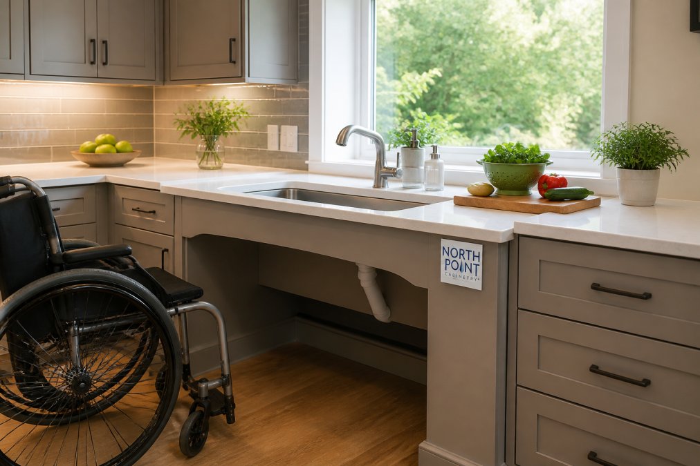 A bright, modern kitchen with a lowered roll-under sink area, showing open knee space beneath the counter and a stylish modern faucet, natural light streaming in from a window