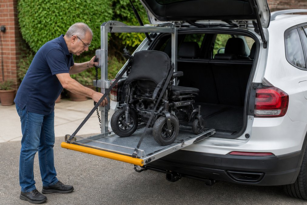 Person loading a compact electric wheelchair into a car boot using a portable hoist platform at boot level, with secure straps visible and the device positioned at comfortable loading height