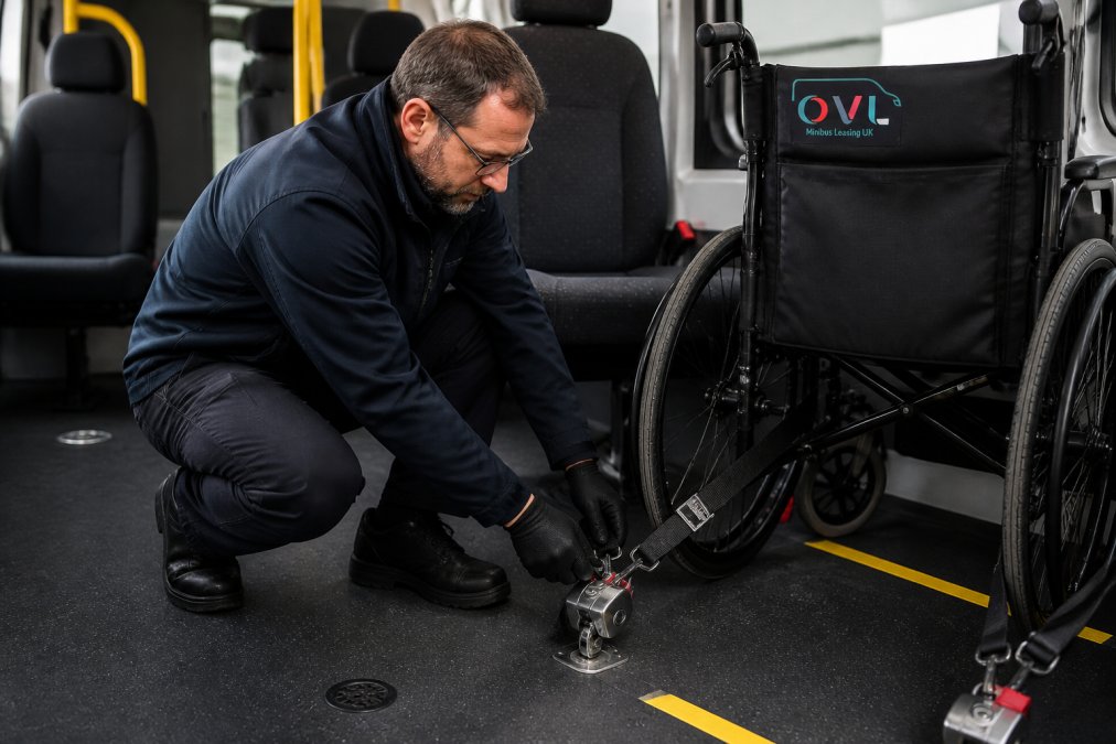 A technician or fleet manager inspecting wheelchair restraint equipment in a minibus, checking straps and attachment points for wear and damage