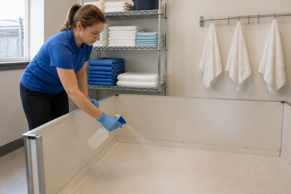 A rescue volunteer wearing nitrile gloves spraying disinfectant onto a whelping box interior in a bright, clean shelter room, with folded whelping pads stacked on a nearby shelf and clean towels hanging on a rack