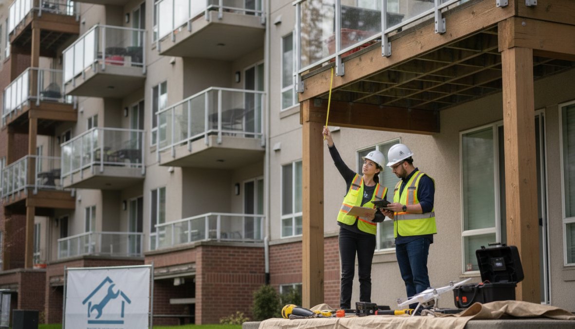 A licensed structural engineer in safety glasses examining a residential balcony exterior with a moisture meter and clipboard, documenting findings on a modern apartment building facade