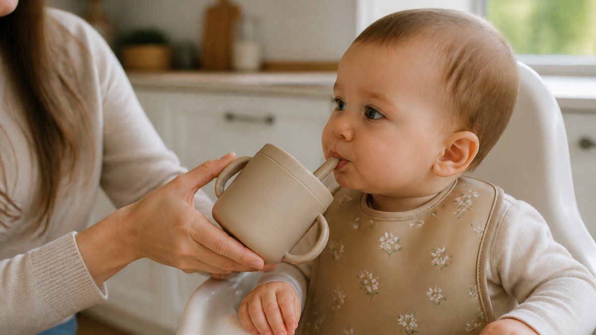 Parent helping a baby practice drinking from a silicone straw cup in a sunny kitchen