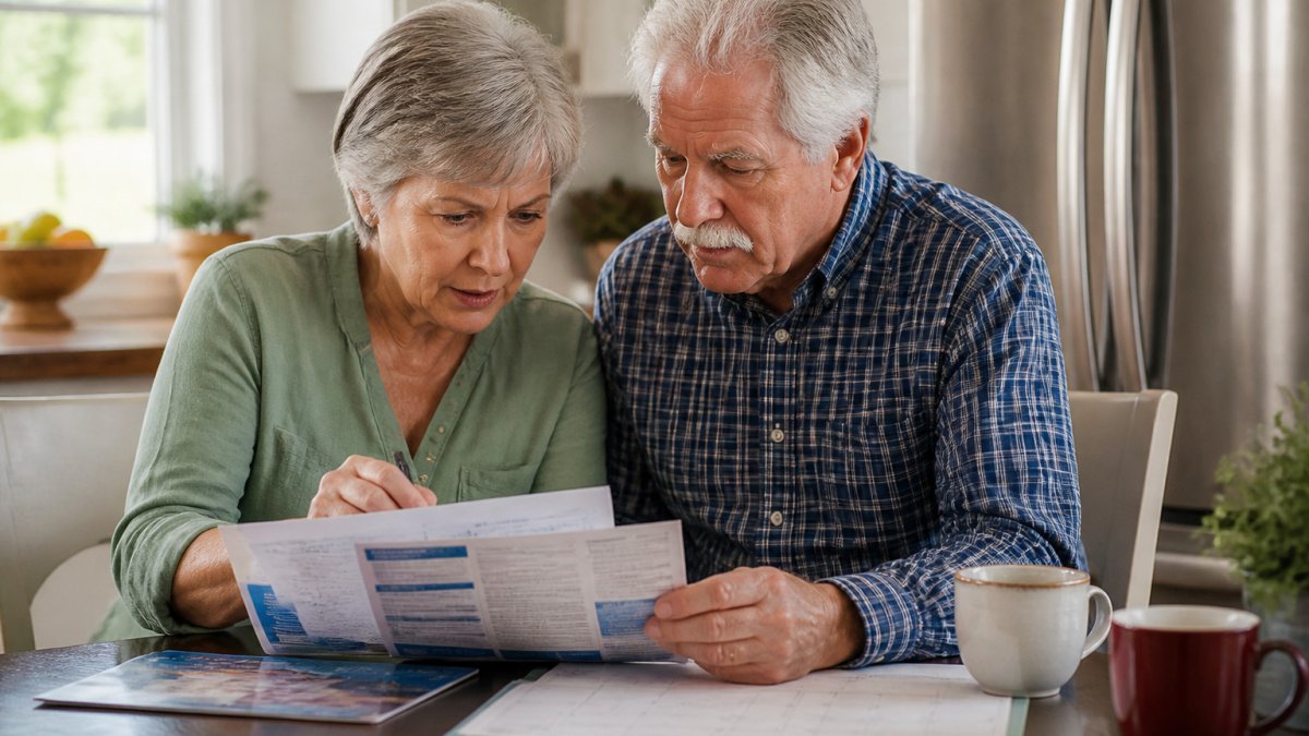 Couple reviewing Medicare documents and a calendar to learn when can i change my medicare plan during open enrollment