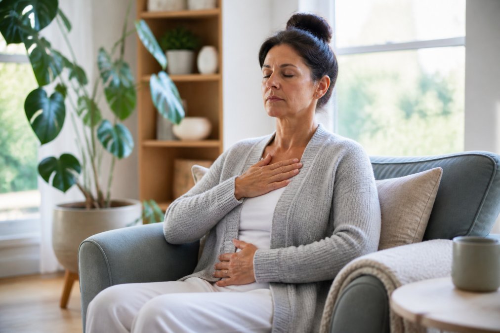 Person practicing grounding techniques at home, sitting comfortably with eyes closed and hand on chest, in a calm well-lit living space with soft natural light coming through windows