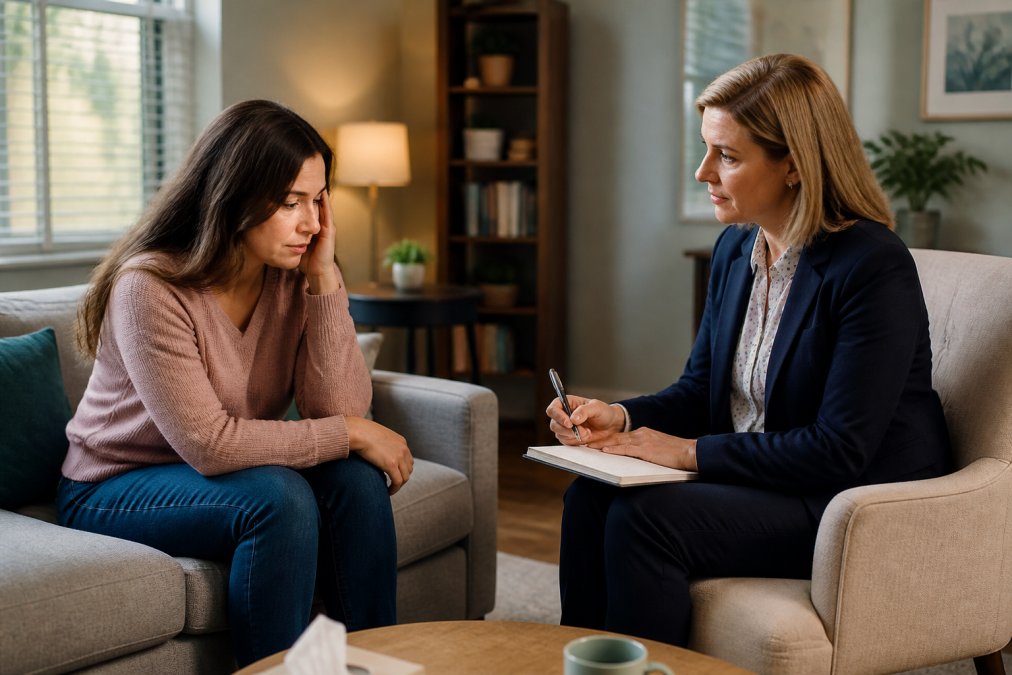 Individual in a therapy or counseling session, sitting across from a healthcare provider in a professional supportive office environment with warm lighting and comfortable seating