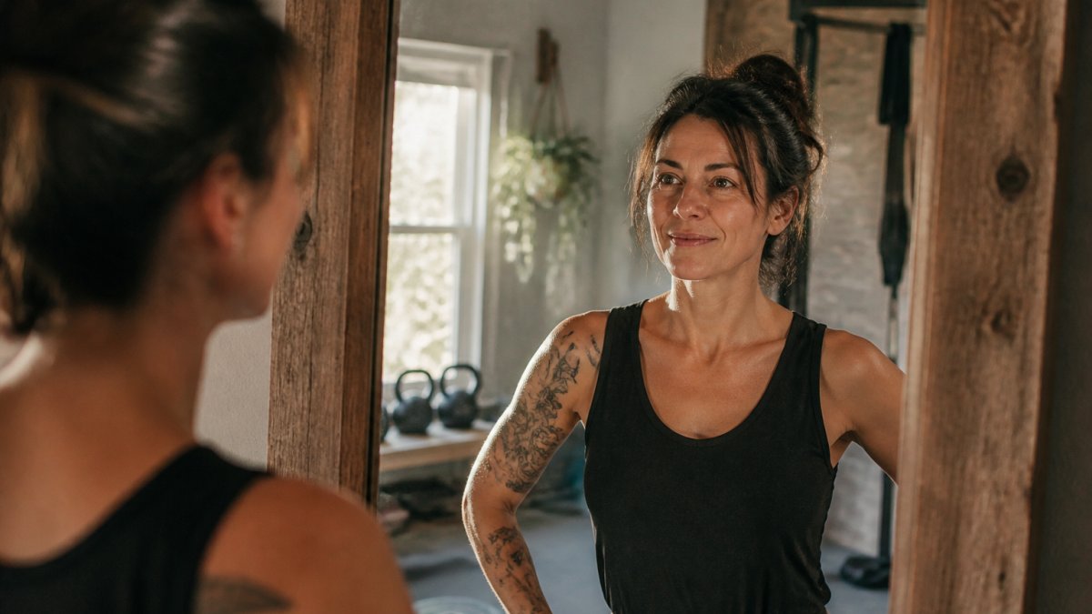 Confident woman in her 40s looking at herself in a mirror with natural morning light, embodying self-assurance and clarity during midlife
