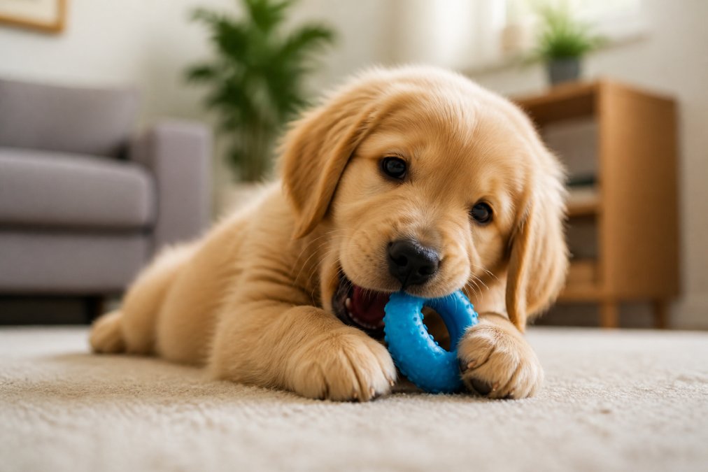 A close-up of a happy golden retriever puppy chewing on a soft rubber toy, with a shallow depth of field in a bright living room