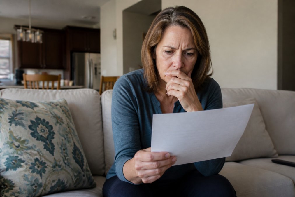 Homeowner reviewing an HVAC repair estimate on a tablet while standing in their living room, looking concerned at the cost