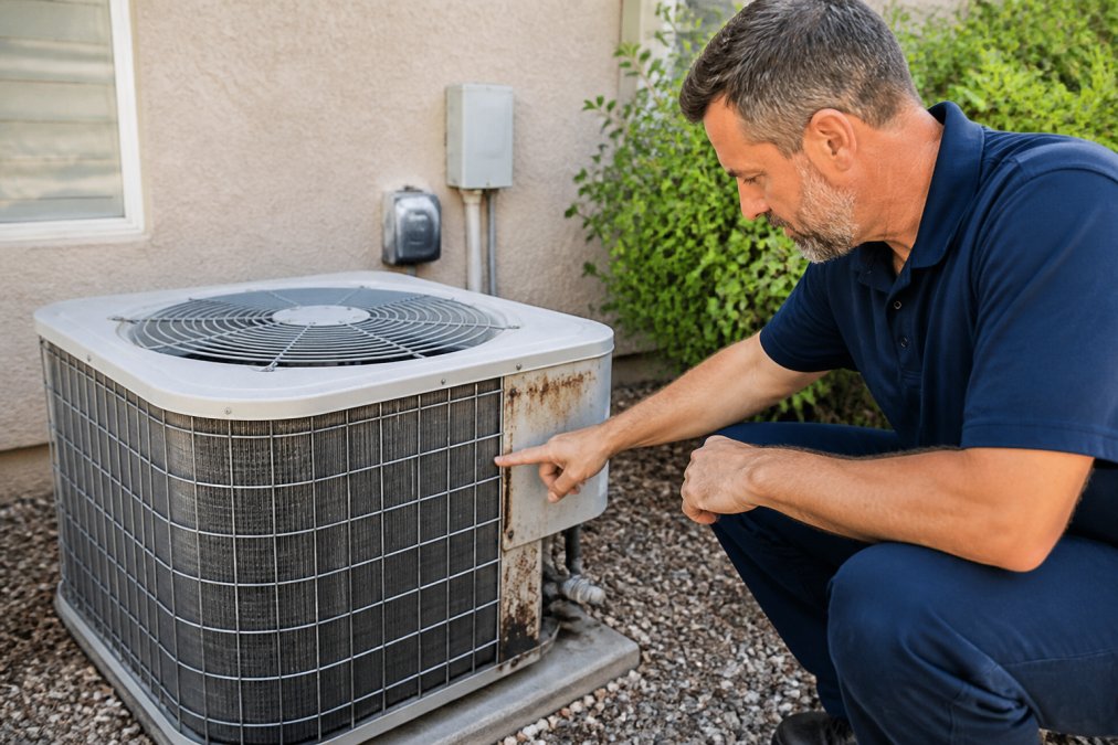 HVAC technician inspecting an older air conditioning unit outdoors, pointing to visible wear or corrosion on the condenser unit