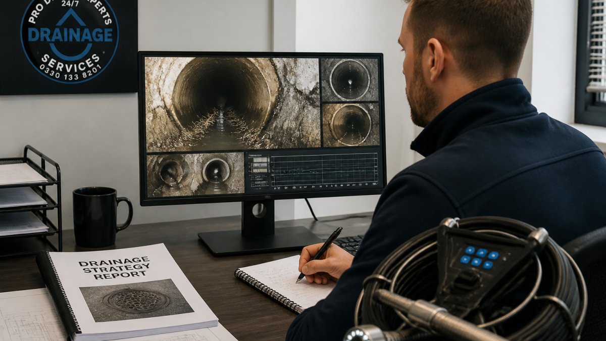 Professional drainage technician reviewing CCTV footage on a monitor in a modern office setting, with drainage pipe diagrams and survey equipment visible on the desk