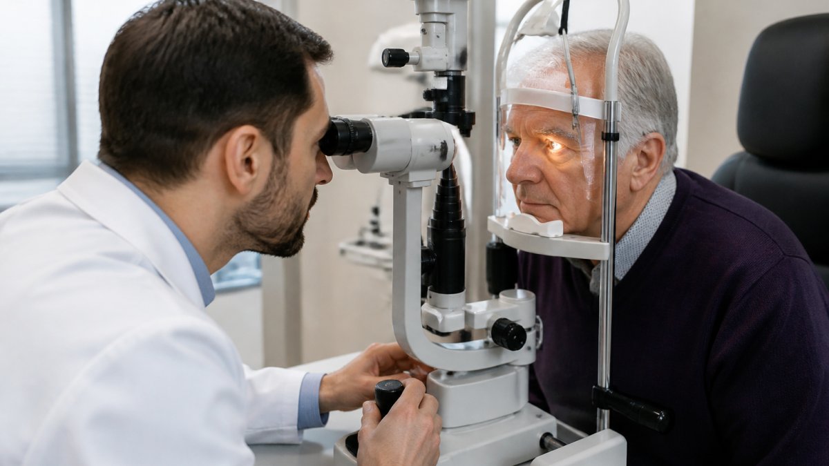 An ophthalmologist performing a slit-lamp eye examination on an older adult patient in a bright, modern clinic, with the patient resting their chin on the instrument while the doctor adjusts the light
