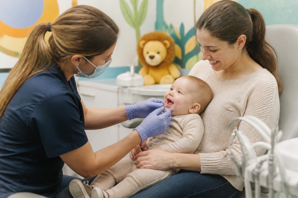 Pediatric dentist performing a gentle baby first dental visit exam with a parent in a colorful, child-friendly office. Pediatric dentist performing a gentle baby first dental visit exam with a parent in a colorful, child-friendly office.