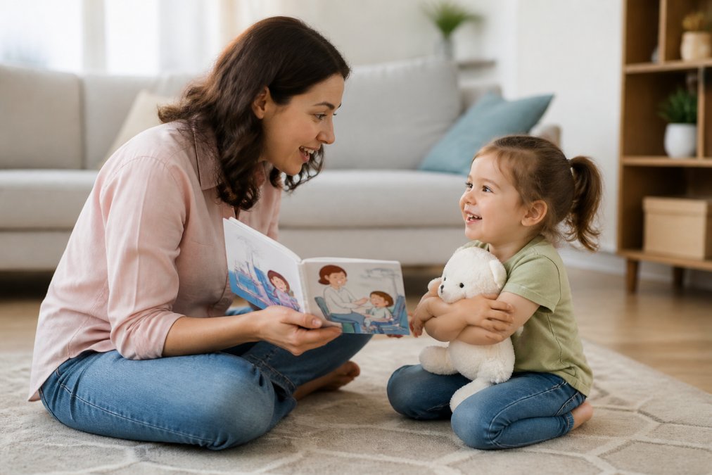 Parent reading a book about a toddler dental exam to their child holding a stuffed animal in a cozy living room Parent reading a book about a toddler dental exam to their child holding a stuffed animal in a cozy living room