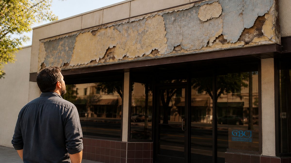 Business owner looking up at faded, cracked storefront signage on a sunny afternoon.