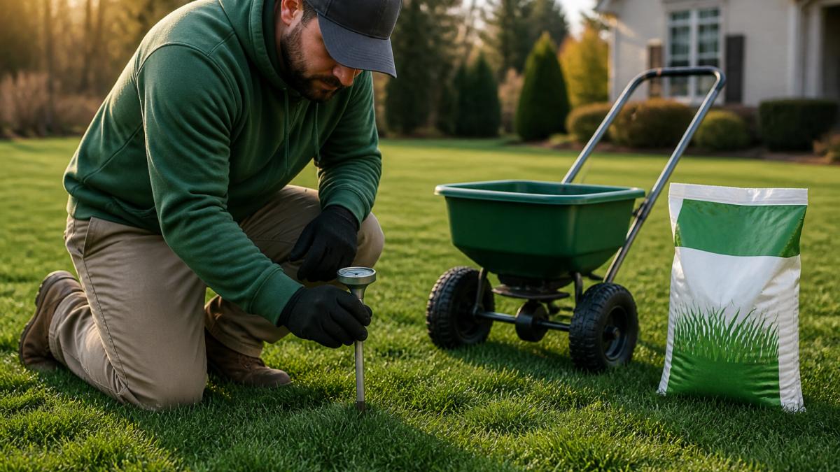 Homeowner using a soil thermometer to check lawn temperature before applying spring fertilizer