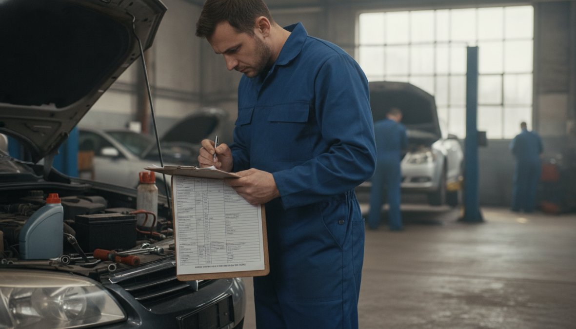 A mechanic in blue overalls leaning over an open car bonnet in a well-lit professional garage, closely inspecting engine components and checking fluid levels with a torch