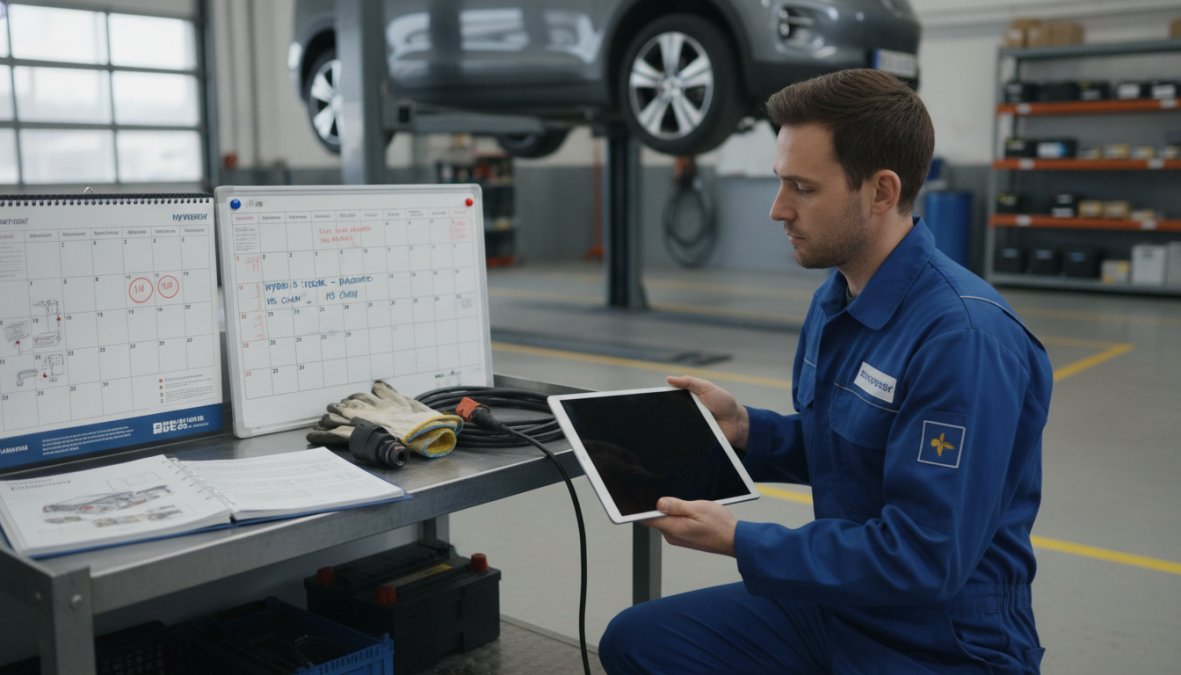 A technician in a clean workshop crouching beside an electric vehicle with the underside panel removed, inspecting the high-voltage battery pack with specialist diagnostic equipment and safety gloves