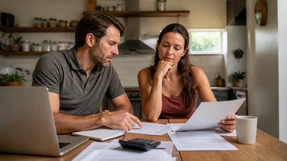 A couple in their late 30s sitting at a kitchen table with a laptop, insurance documents, and a calculator, reviewing coverage options together in a warm home setting