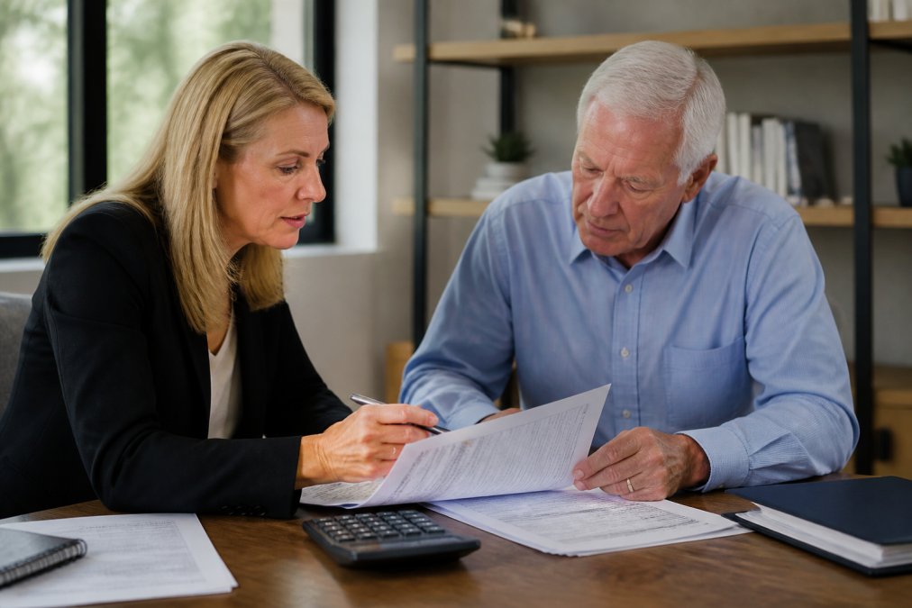 Financial advisor and client reviewing retirement account statements and tax documents at a desk with a laptop and calculator visible, natural office lighting