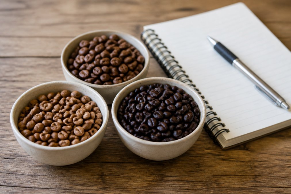 Three small bowls of coffee beans in light, medium, and dark roast shades arranged on a wooden table, with a notebook and pen beside them for jotting down rest dates