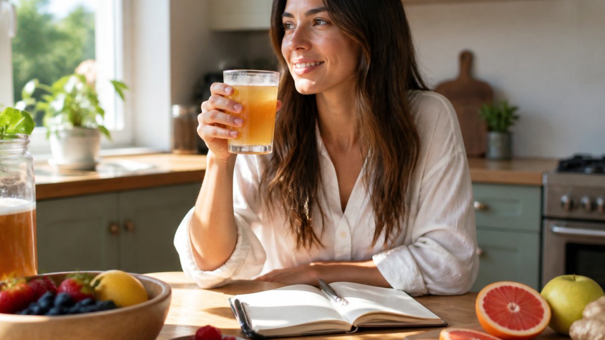 Person holding a glass of chilled kombucha at a bright kitchen table in morning light, with fresh fruit and a wellness journal nearby, suggesting a daily wellness routine