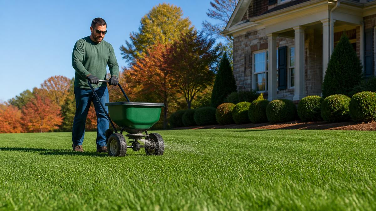 A homeowner in casual work clothes pushing a broadcast spreader across a lush green tall fescue lawn on a clear fall morning, with trees showing early autumn color in the background