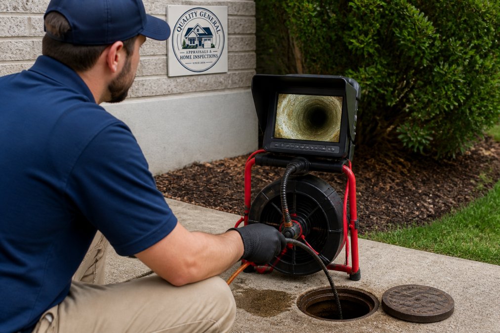 Professional inspector operating sewer camera equipment at residential property, monitoring real-time video feed on portable display screen showing interior pipe conditions