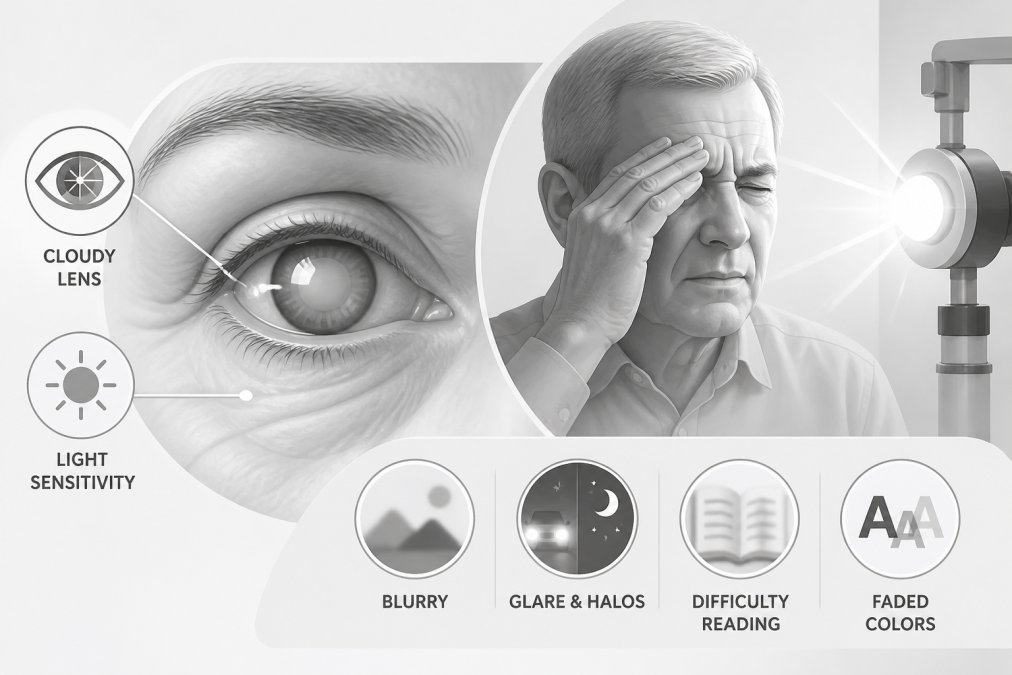 Close-up of an older adult's eyes showing cloudiness and light sensitivity, with a person squinting while looking at a bright light source in a clinical setting