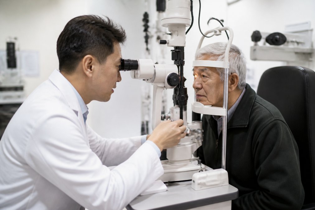 Ophthalmologist performing eye examination with diagnostic equipment on a patient in a modern clinical setting with professional lighting