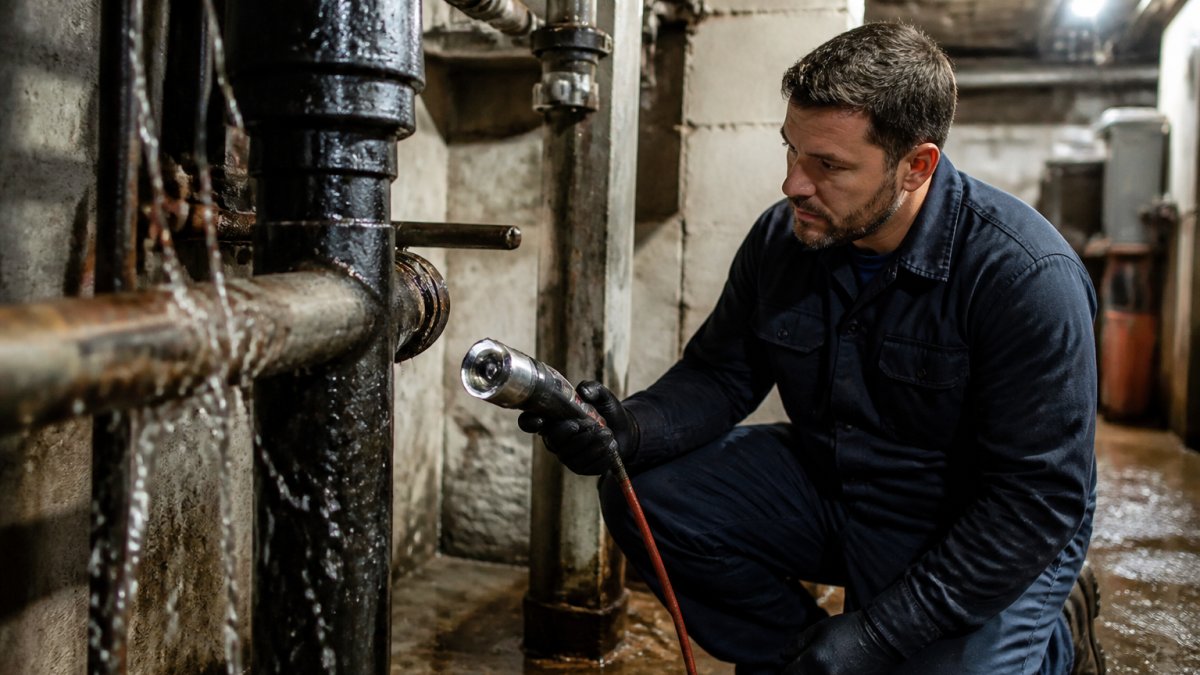 Certified plumber in work uniform inspecting a burst pipe with water damage visible in a basement mechanical room of a multi-unit building, using diagnostic equipment