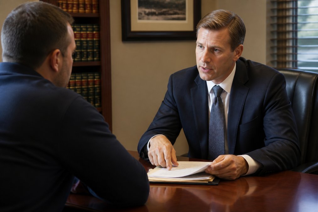 Professional criminal defense attorney meeting with client in law office consultation room, reviewing case documents and discussing legal strategy with serious focus