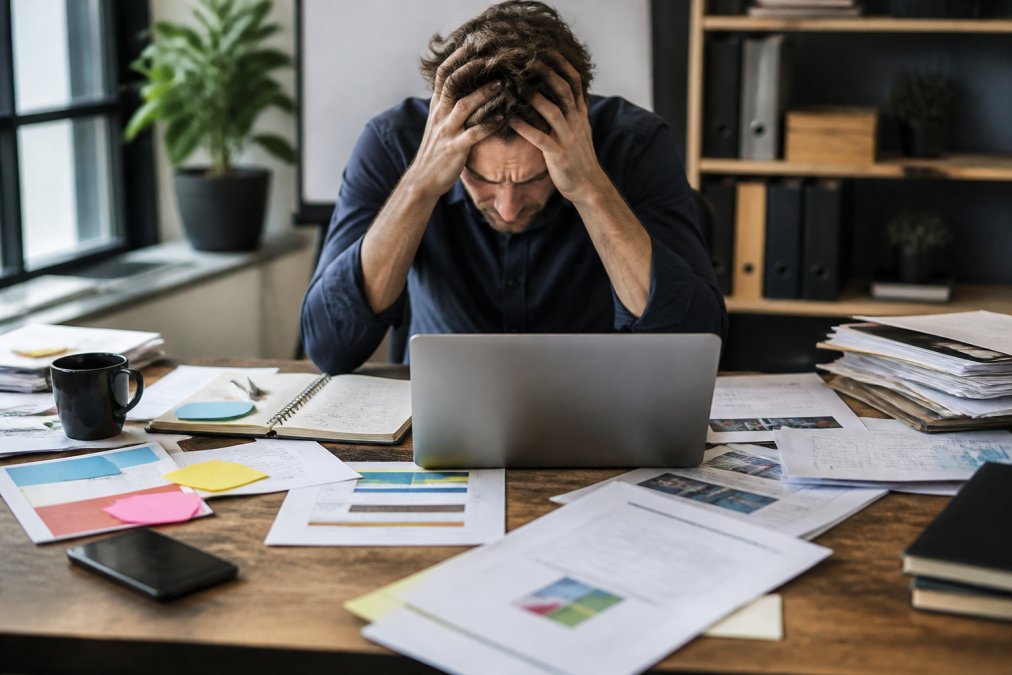 Stressed founder sitting at desk surrounded by open laptop windows showing different marketing platforms, scattered marketing materials and notes, natural office lighting streaming through windows