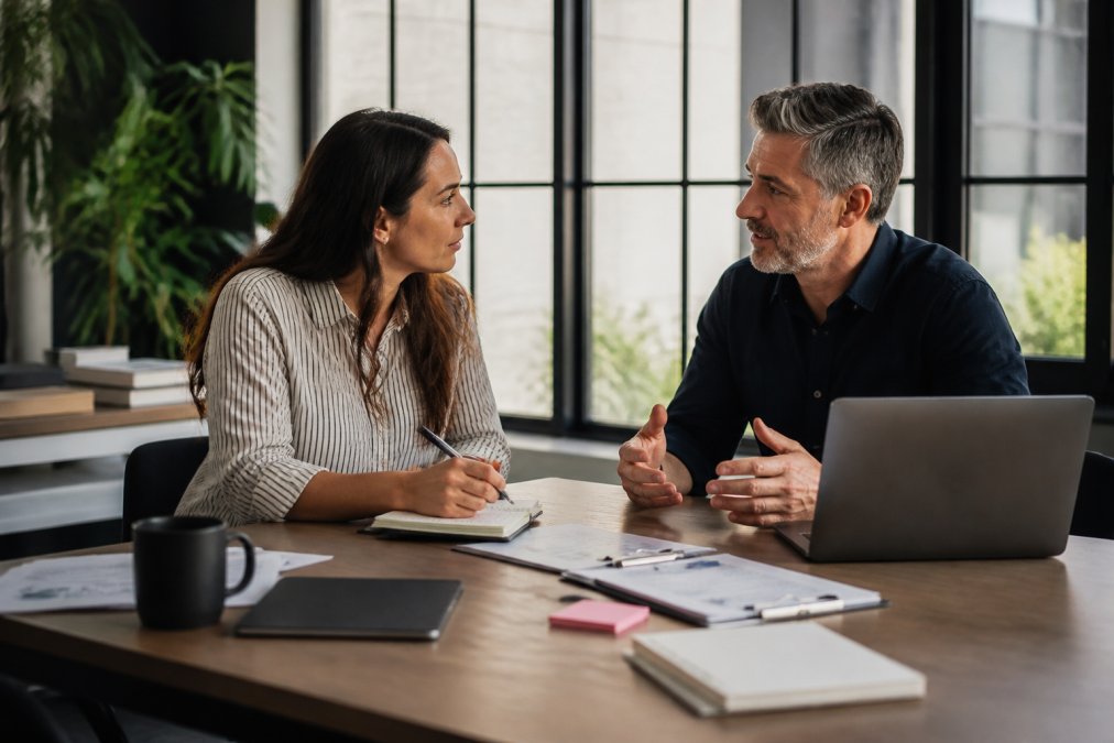 Startup founder and experienced marketing executive sitting across a modern office desk with laptop and notebook, discussing strategy with natural window lighting, professional but relaxed atmosphere