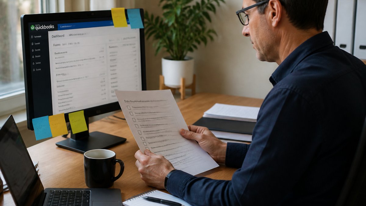 A financial controller reviewing a printed checklist at a desk with a laptop showing QuickBooks open, sticky notes on the monitor, and a coffee mug nearby
