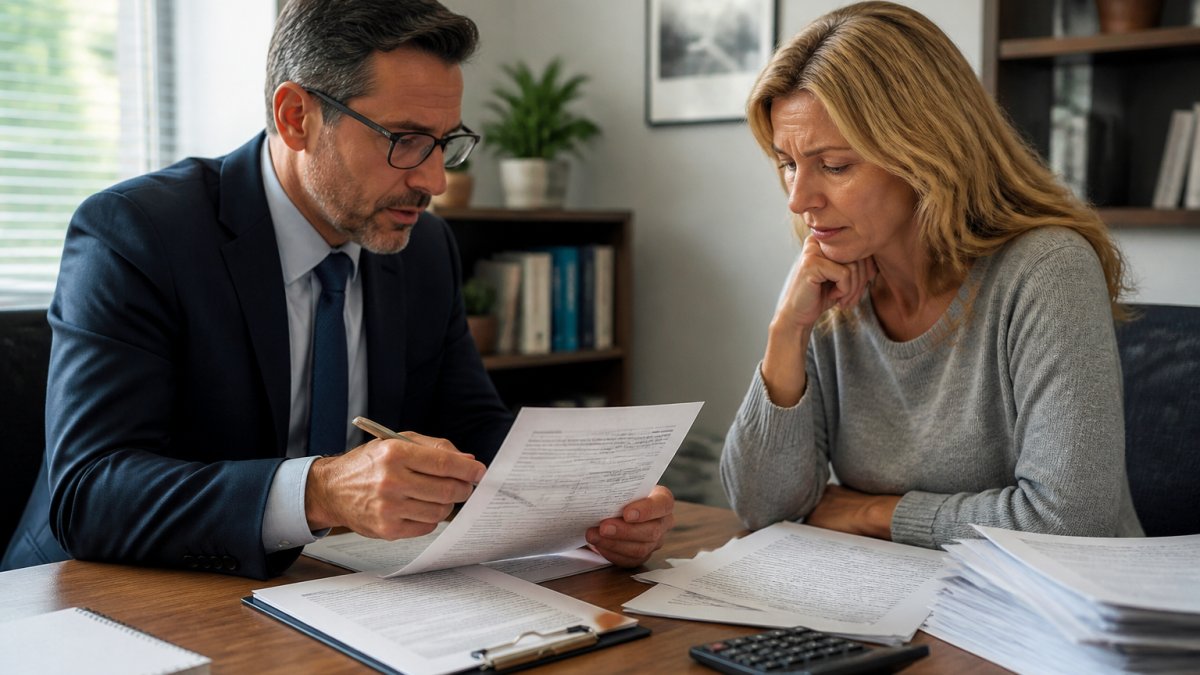 Tax attorney reviewing financial documents with a concerned client in a professional office setting