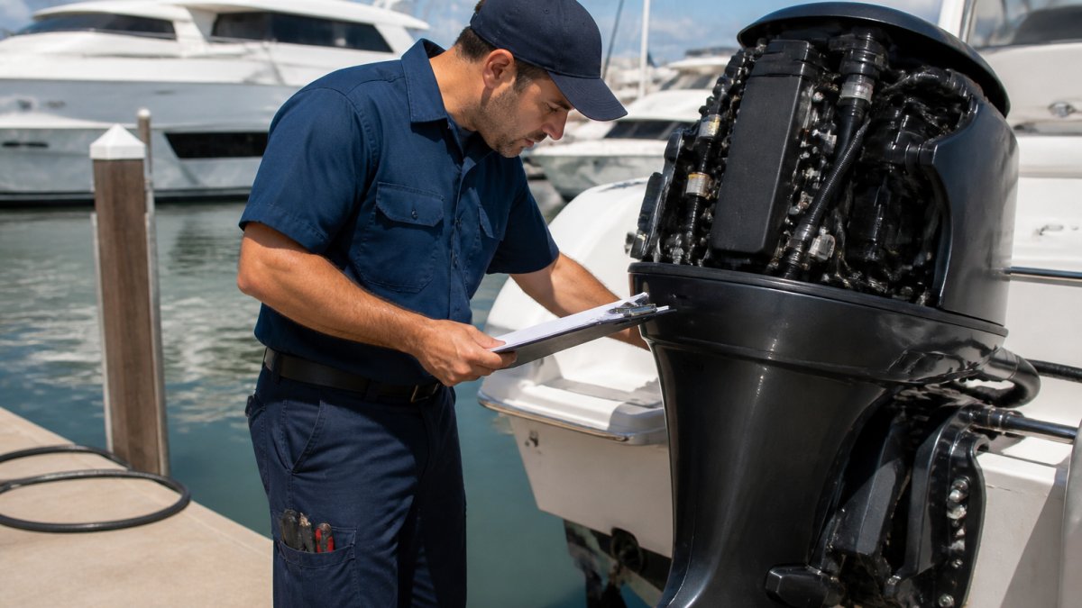 Marine engine technician using diagnostic tools to inspect an outboard motor at a sunny marina