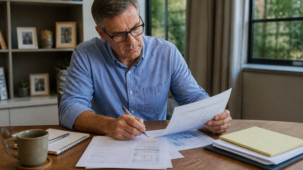 A small business owner reviewing financial documents and a laptop at a wooden desk in a home office, with a notepad and coffee nearby, appearing focused and thoughtful