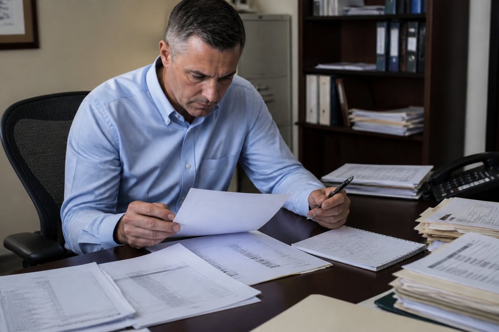 A private investigator reviewing financial documents and bank statements at a desk with a laptop and notepad, focused expression, professional office setting
