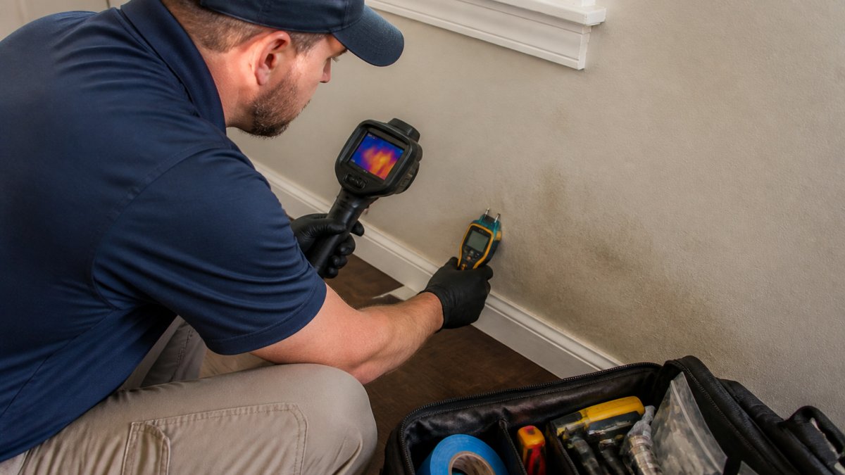 Professional technician using handheld moisture meter and thermal imaging camera to detect hidden mold and moisture sources on drywall in residential property