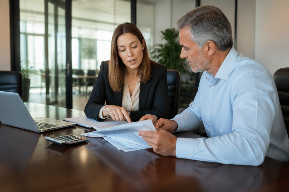 Process flowchart showing tax lawyers and clients reviewing financial documents during an initial consultation