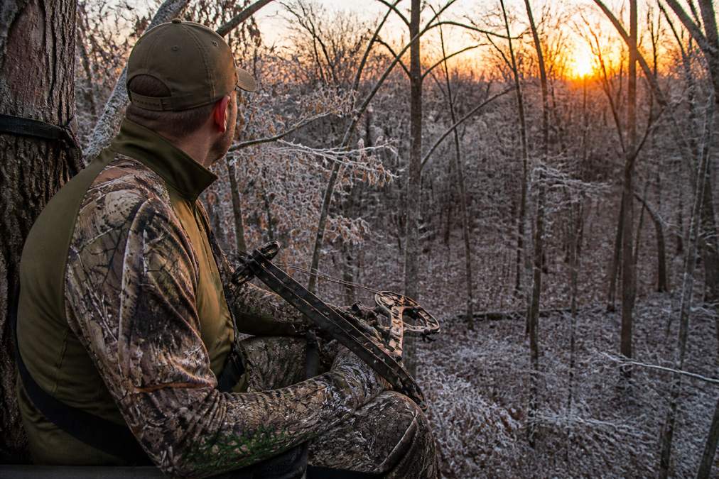 A hunter in full camouflage gear sitting in a tree stand at dawn, orange sunrise glow filtering through bare hardwood trees, bow resting across lap, frost visible on branches