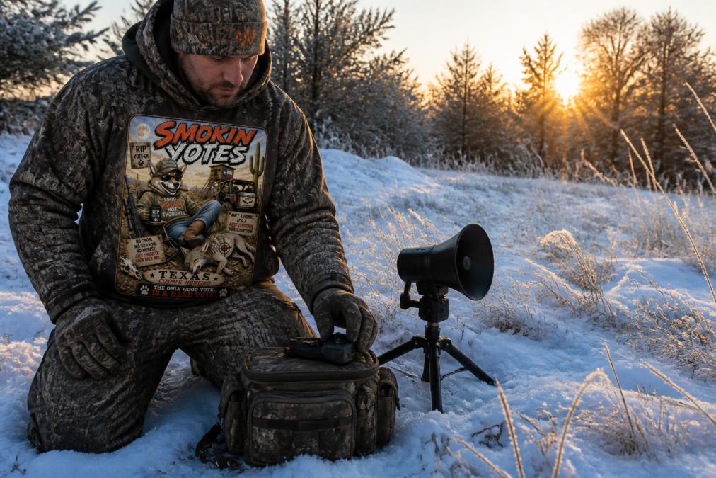 Hunter in winter camo gear setting up predator calling equipment in snow-covered terrain at dawn, with frost on grass and golden sunrise light breaking through trees