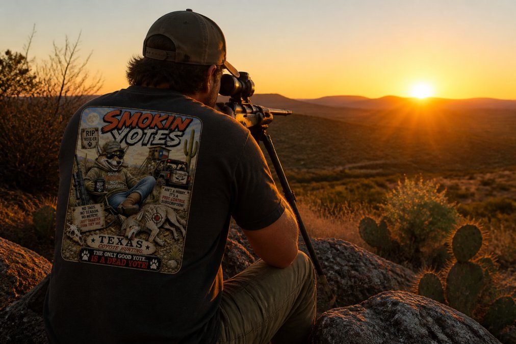 Hunter glassing terrain during dawn hours with thermal optics and rifle, golden sunrise light illuminating landscape, positioned on elevated ridge overlooking valley