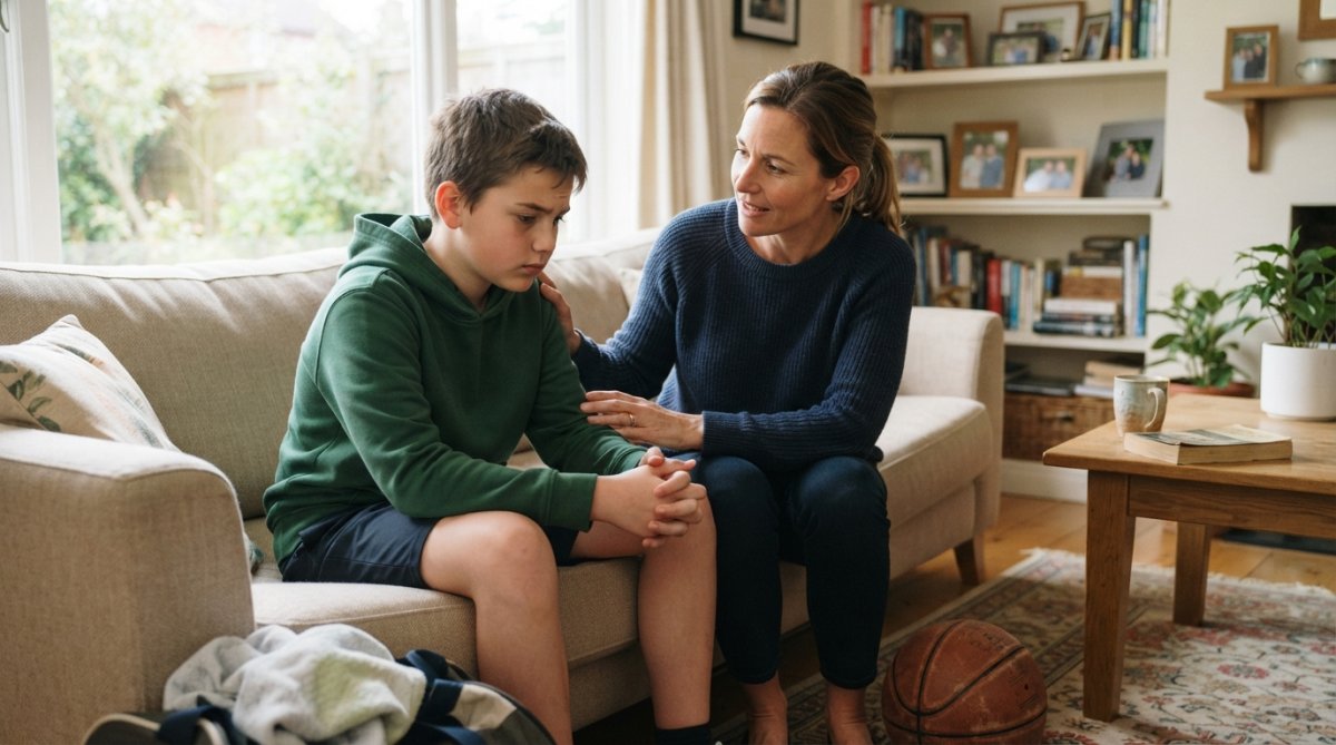 Parent and child sitting together on a couch in a bright living room, having a calm conversation, with the child looking thoughtful and the parent leaning in attentively