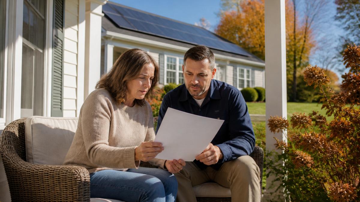 Homeowner and solar installer reviewing a quote to negotiate solar installation on a sunny front porch.