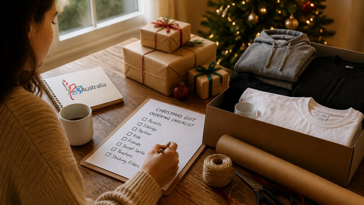 Person sitting at a wooden desk with a printed calendar, gift boxes stacked nearby, holding a pen while checking off items on a Christmas gift checklist, with fairy lights and festive decorations visible in the background