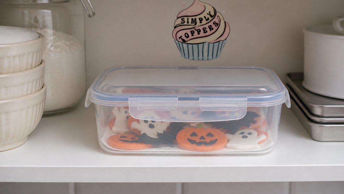 Handmade edible Halloween toppers carefully arranged in an airtight container on a cool kitchen shelf, showing proper storage setup with sealed lid and dry environment