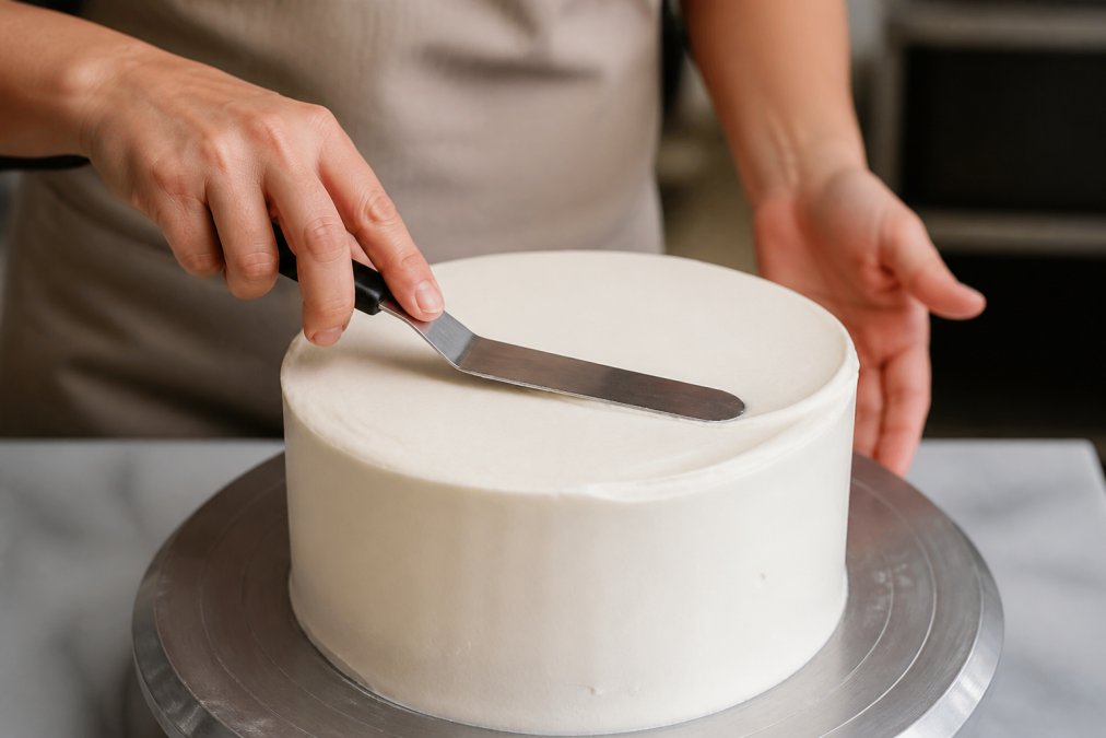 Close-up of baker's hands gently smoothing buttercream frosting on a freshly decorated cake with an offset spatula, showing proper surface preparation technique