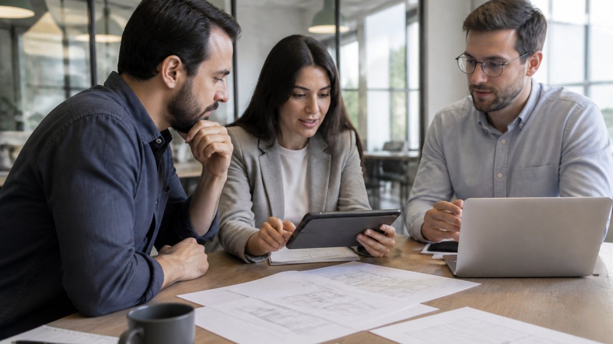 Professional team collaborating around a conference table, reviewing project requirements on laptop and tablet with architectural diagrams and notes visible, modern office with natural lighting